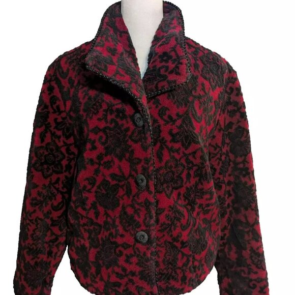 😊Tsunami Canada Black Red Bouclee Pattern Button Up Fleece Vintage Jacket Sz L - Picture 2 of 14